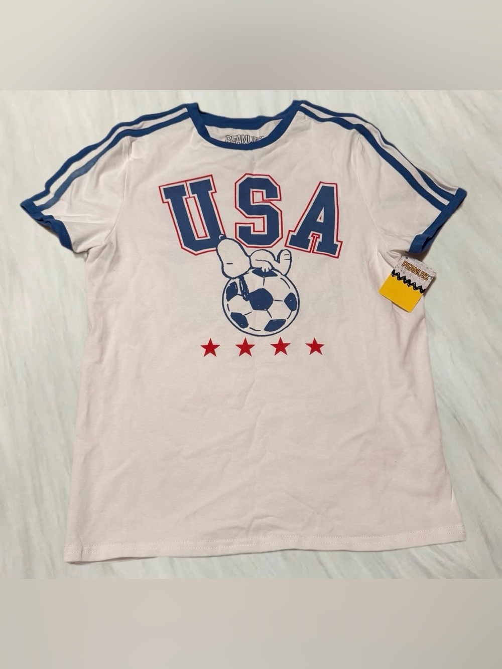 Peanuts White Tee with Blue & Red USA Soccer Graphic